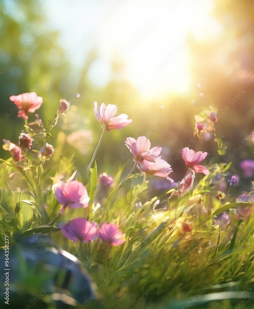 A field of pink flowers bathed in sunlight, with a blurred background of greenery and a hint of blue sky. A field of pink flowers bathed in sunlight, with a blurred background of greenery and a hint of blue sky.