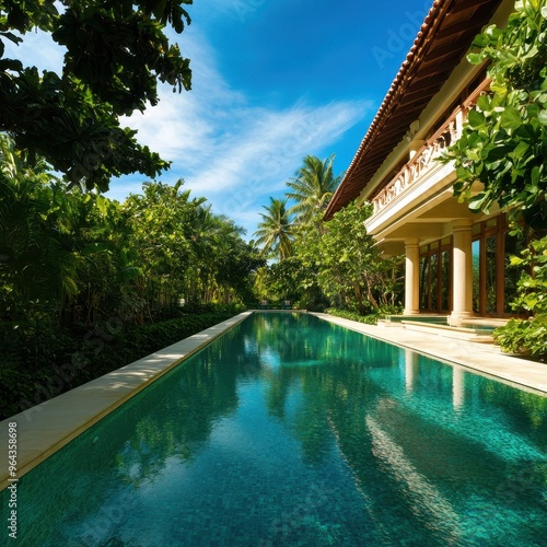 Secluded Luxury Pool Alongside Traditional Villa in Lush Setting