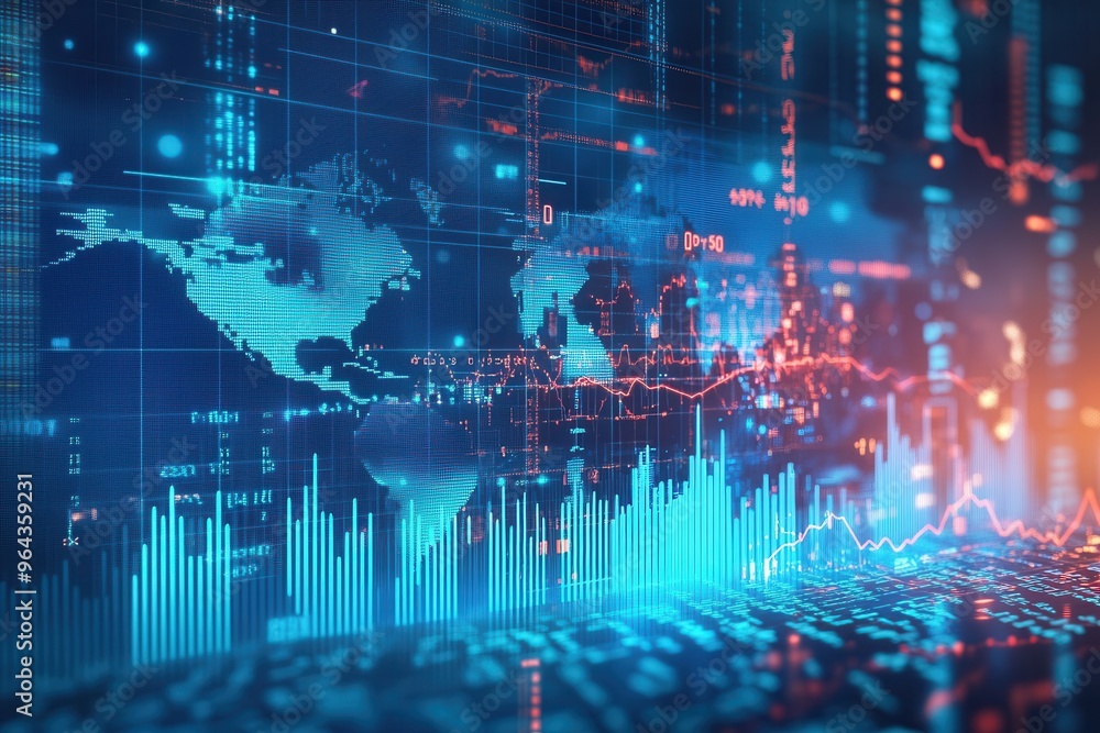 Digital stock market background with global data analytics and financial charts illustrating worldwide economic trends and statistics Digital stock market background with global data analytics and financial charts illustrating worldwide economic trends and statistics