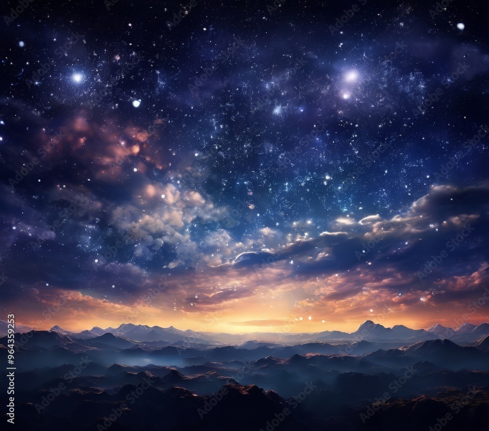 Fototapeta premium A breathtaking night sky filled with twinkling stars and a vibrant sunset over a mountainous landscape.