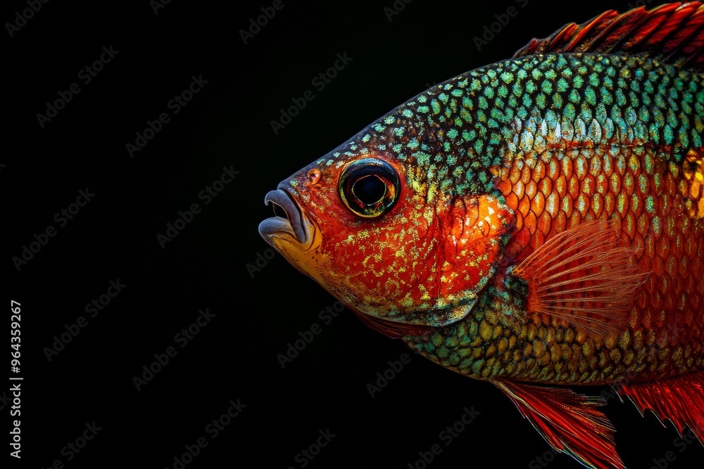Mystic portrait of Snakeskin Gourami in studio, isolated on black background Mystic portrait of Snakeskin Gourami in studio, isolated on black background