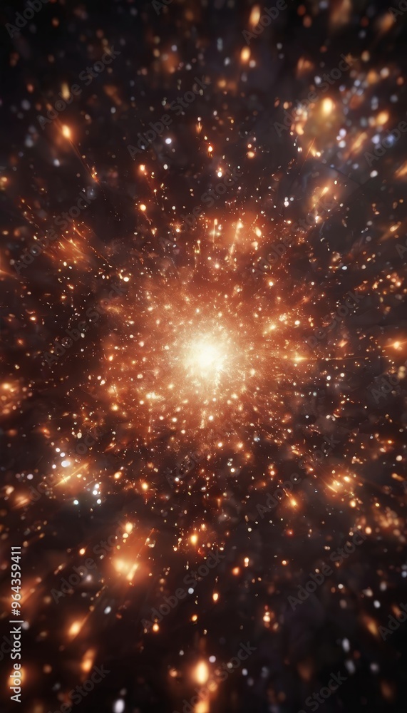Fototapeta premium a vibrant, fiery explosion of light and energy, with numerous small particles scattered throughout the frame, creating a sense of depth and dimensionality.