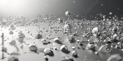 a scene of fragmentation and dispersion, with numerous small, metallic spheres scattered across a dark background. The spheres vary in size and shape, creating a sense of photo