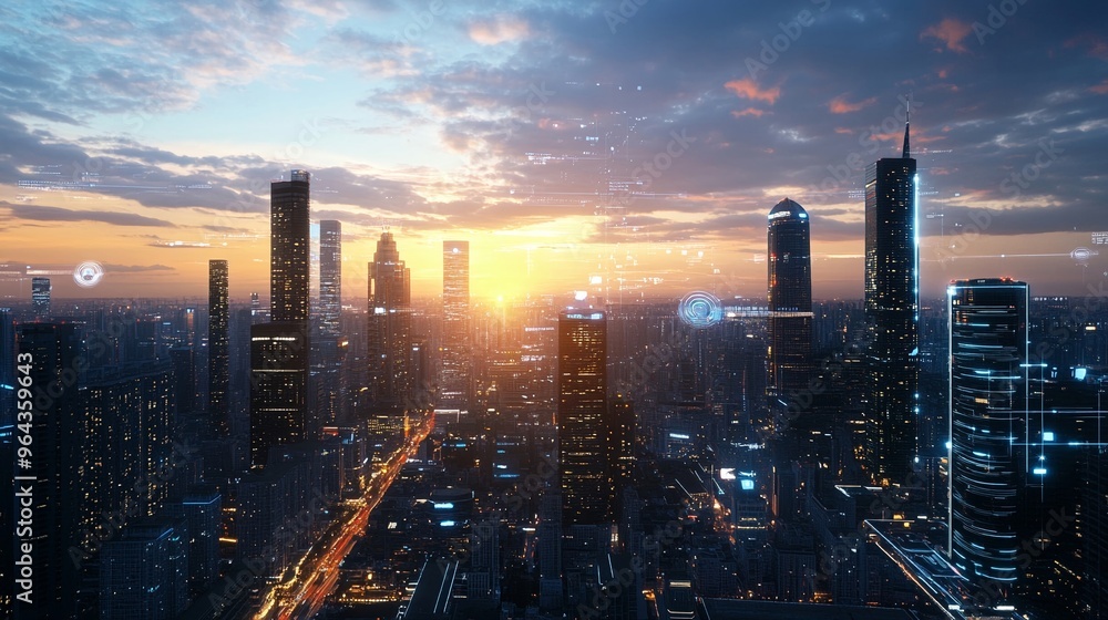 Fototapeta premium AI-controlled urban landscape futuristic cityscape