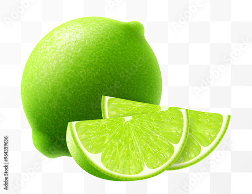 Green lime isolated on transparent background. Whole lime and slice of fruit, vibrant tropical plant, its textured shiny skin concealing zesty citric pulp within. Realistic 3d vector illustration.