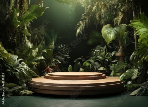 A wooden platform with a circular design sits amidst a lush, tropical jungle setting, with a dark background and a hint of light filtering through the dense foliage.