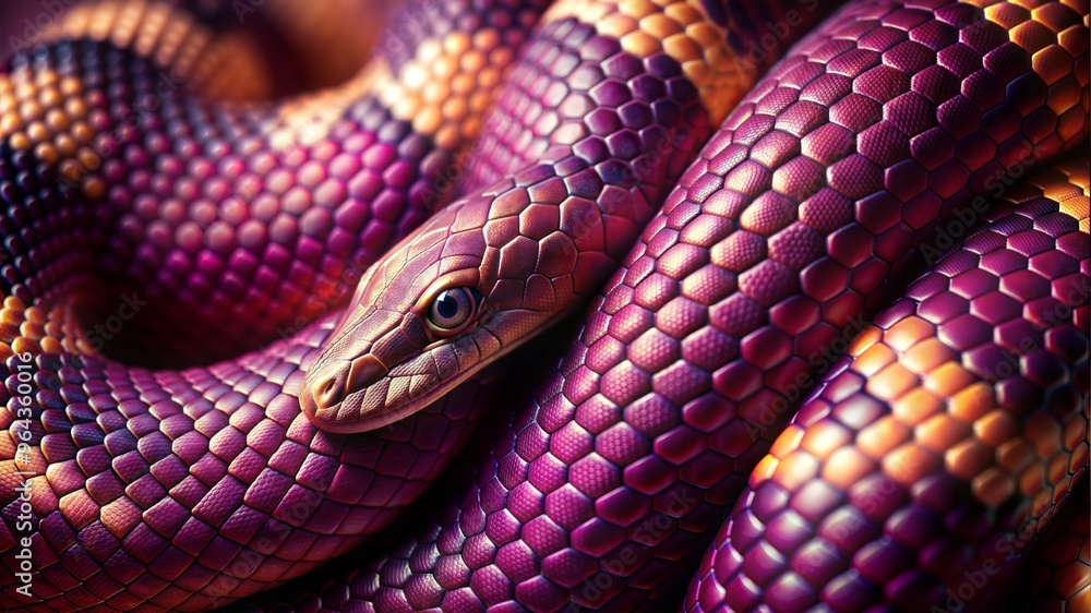 Fototapeta premium Close-up of colorful snake scales in vibrant purple and orange hues