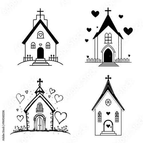 Whimsical Church Doodles with Heart Accents Hand-Drawn Religious Structures in Simple Black and White