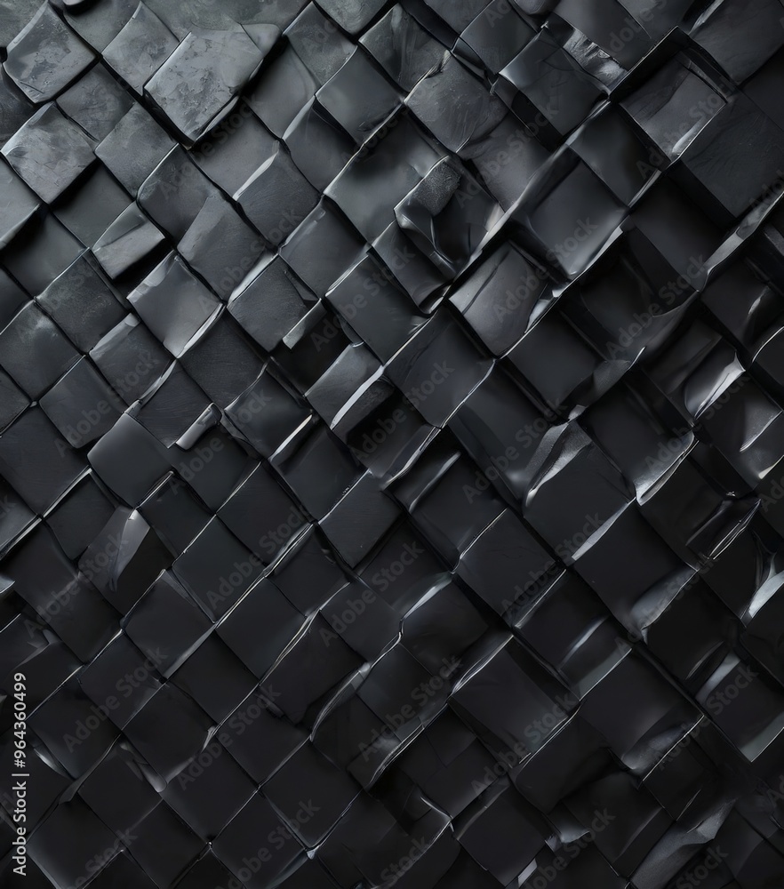 Fototapeta premium a close-up view of a black, textured surface composed of numerous small square tiles arranged in a diagonal pattern.