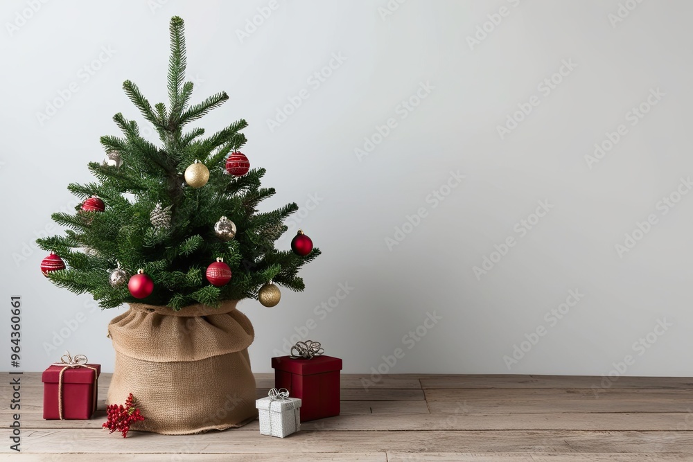 Fototapeta premium Rustic Burlap Potted Holiday Tree Festive Decor on Simple Background