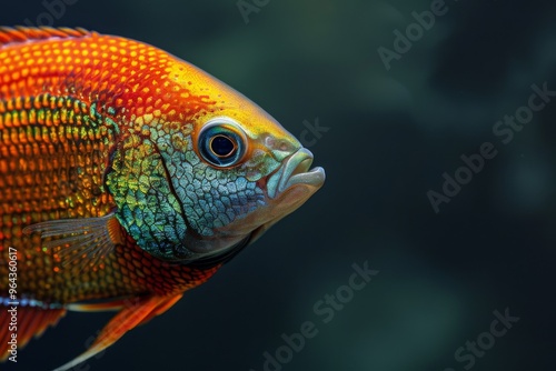 Mystic portrait of Gourami in studio, copy space on right side, Anger, Menacing, Headshot, Close-up View, isolated on black background