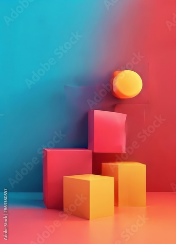 a geometric composition with a variety of colorful cubes and spheres against a gradient background.