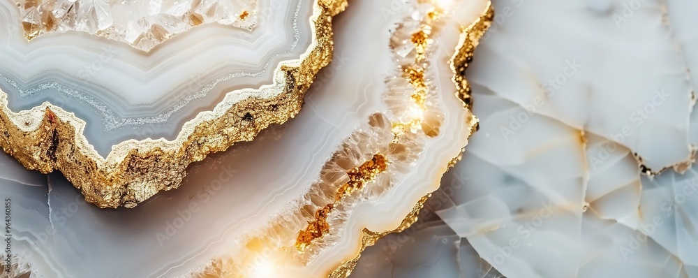 Close up of a beautiful white agate slice with gold edging. The texture is smooth and the color is natural with hints of pink and gray. Close up of a beautiful white agate slice with gold edging. The texture is smooth and the color is natural with hints of pink and gray.