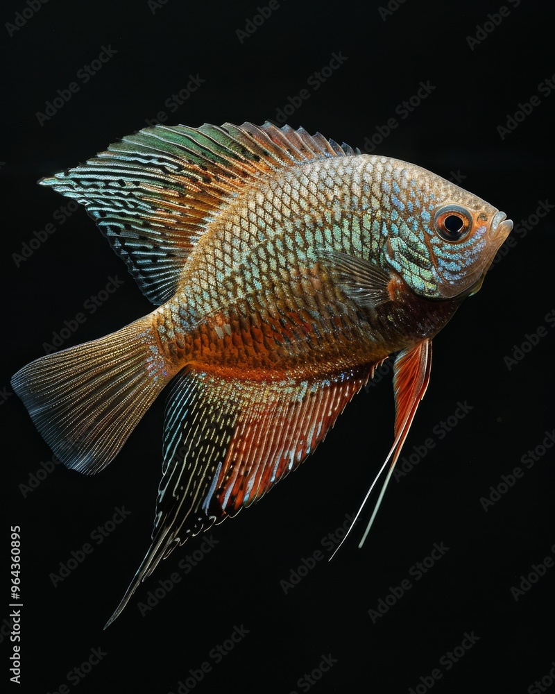 the Gourami, portrait view, white copy space on right, Isolated on black Background the Gourami, portrait view, white copy space on right, Isolated on black Background