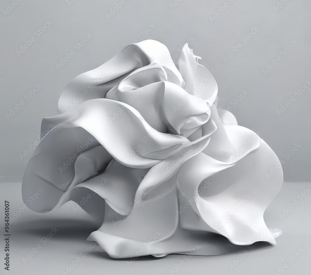 Abstract sculpture resembling a crumpled white paper or fabric, with a minimalist gray background. Abstract sculpture resembling a crumpled white paper or fabric, with a minimalist gray background.