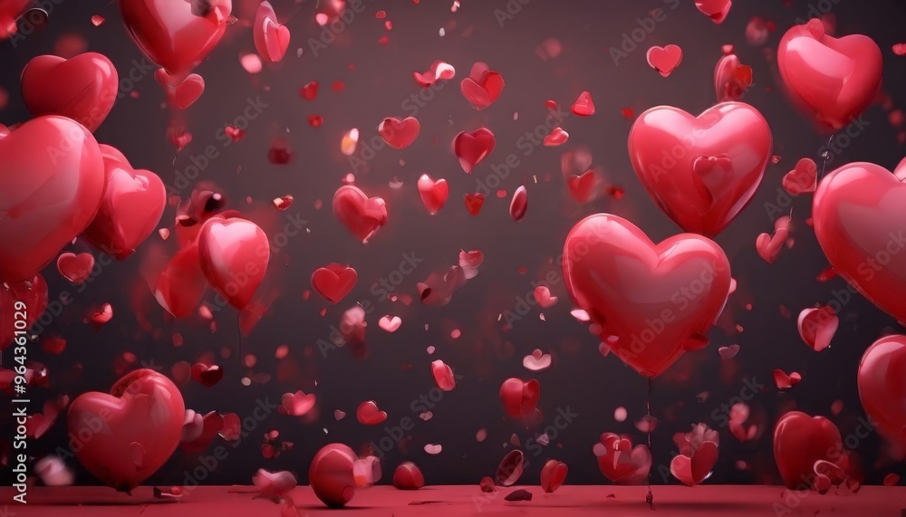 Red heart-shaped balloons float against a dark background, creating a festive and romantic atmosphere. Red heart-shaped balloons float against a dark background, creating a festive and romantic atmosphere.