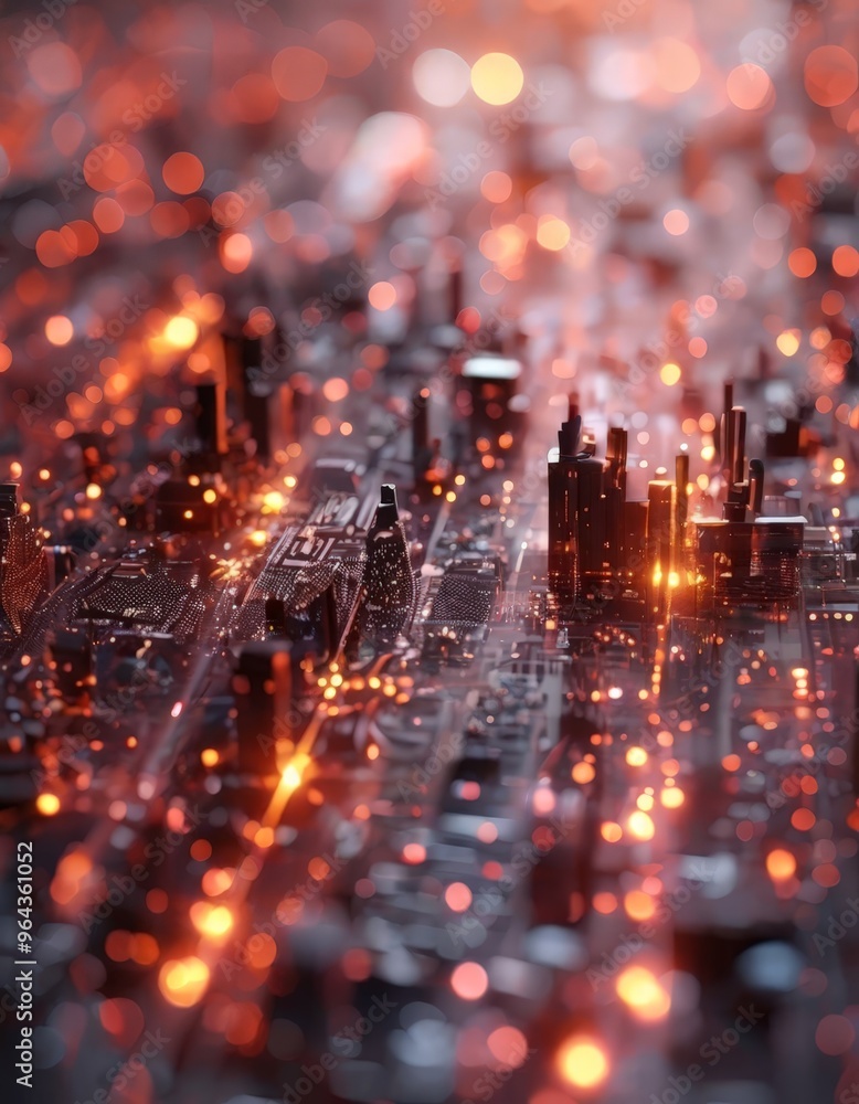 Obraz premium a futuristic cityscape with a dense network of glowing lights and structures, creating a vibrant and dynamic scene.