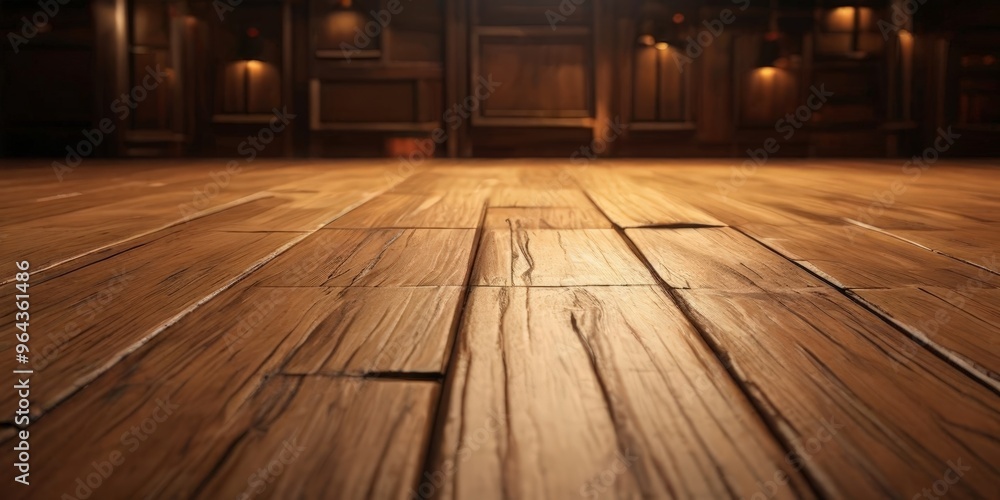 A close-up of a wooden floor with visible grain and texture, with a dimly lit background featuring wooden paneling and recessed lighting. A close-up of a wooden floor with visible grain and texture, with a dimly lit background featuring wooden paneling and recessed lighting.