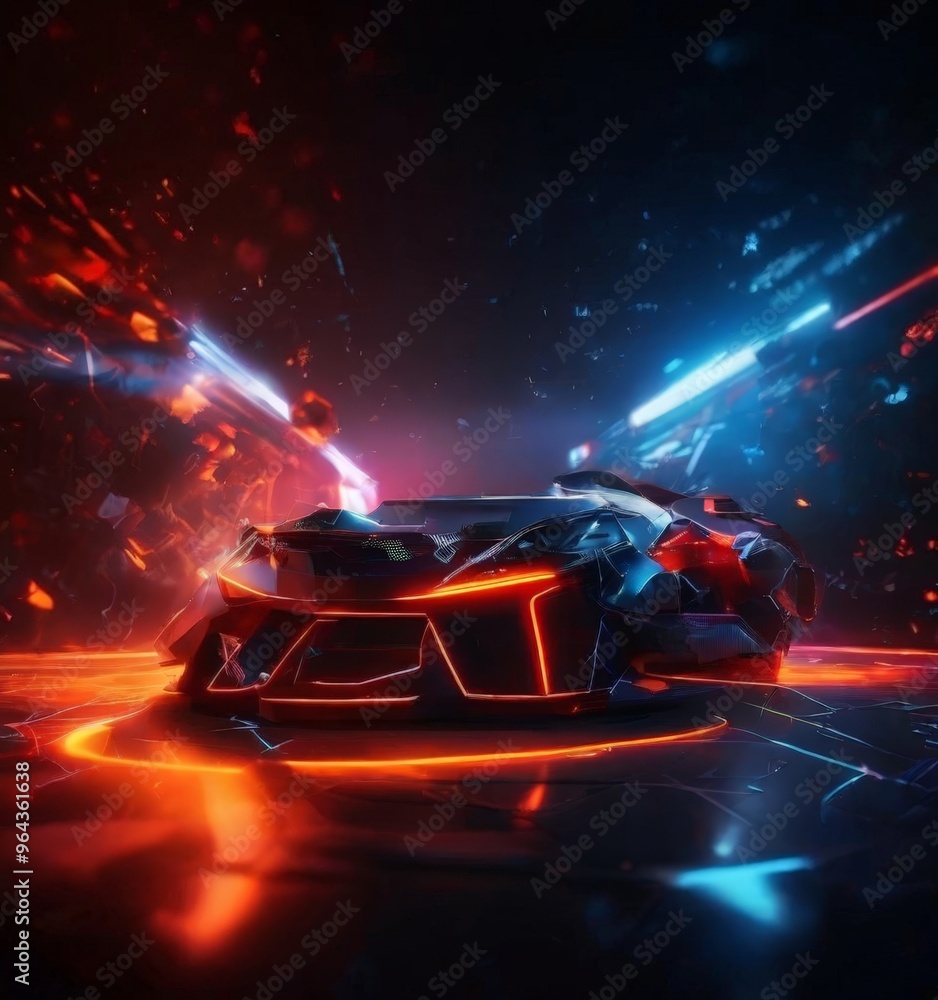 a futuristic vehicle with a sleek, angular design and glowing red and blue lights, set against a backdrop of fiery explosions and a dark, starry sky. a futuristic vehicle with a sleek, angular design and glowing red and blue lights, set against a backdrop of fiery explosions and a dark, starry sky.