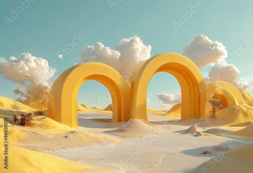 a surreal desert landscape with two large, yellow arches in the center, surrounded by sand dunes and a few small trees. The sky above is a clear blue with fluffy white clouds. photo