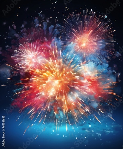 A vibrant display of fireworks bursting in a night sky, with bursts of red, orange, yellow, and blue colors, creating a dazzling and dynamic visual effect.