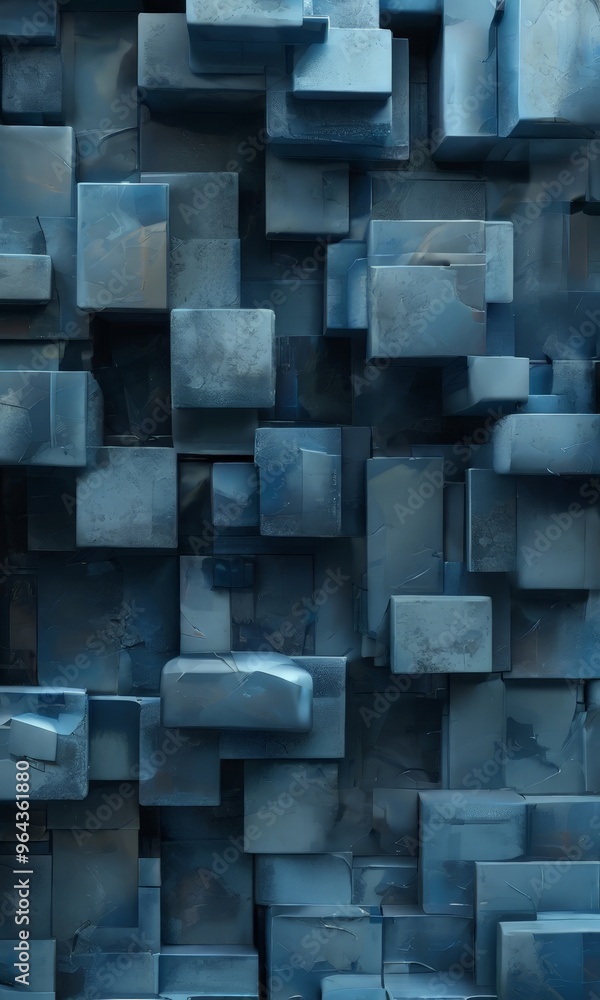 a digital of a 3D cube pattern, featuring a variety of shades of blue and gray, with some cubes appearing slightly worn or distressed. a digital of a 3D cube pattern, featuring a variety of shades of blue and gray, with some cubes appearing slightly worn or distressed.