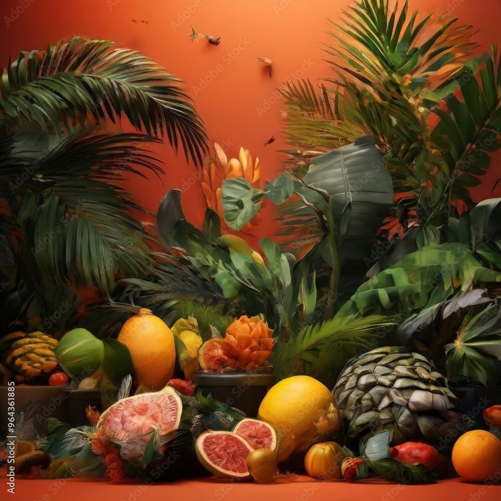 A vibrant still life composition featuring a variety of tropical fruits and plants against a warm orange backdrop. A vibrant still life composition featuring a variety of tropical fruits and plants against a warm orange backdrop.