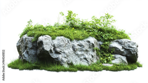 Natural landscape with rock and greenery in the garden isolated on white background for graphic design.