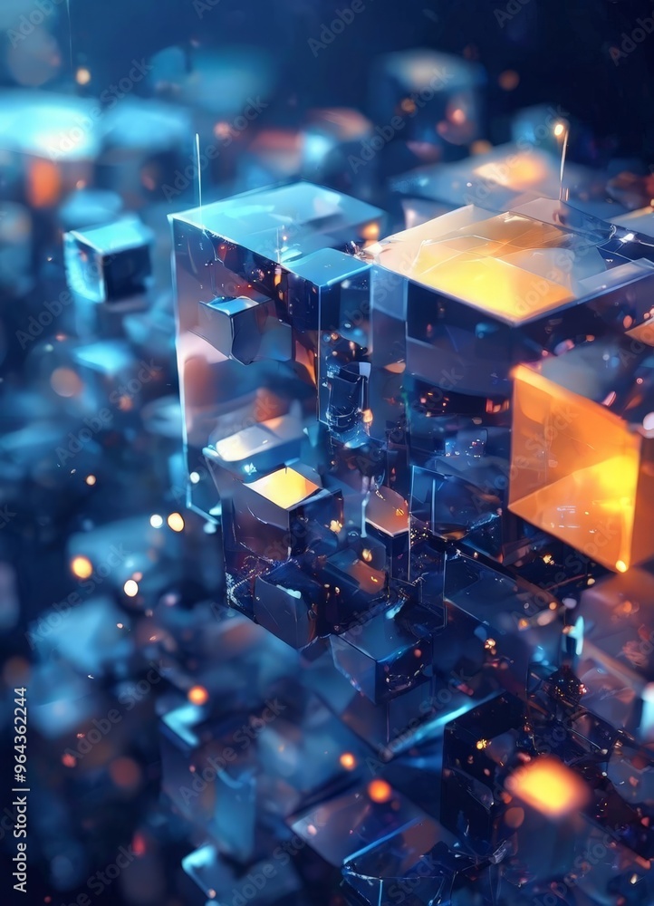 a digital art piece featuring a complex arrangement of cubes and blocks in shades of blue, orange, and yellow, creating a visually striking and abstract composition. a digital art piece featuring a complex arrangement of cubes and blocks in shades of blue, orange, and yellow, creating a visually striking and abstract composition.