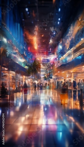 A vibrant, blurred image of a bustling shopping mall at night, with colorful lights and reflections creating a dynamic and lively atmosphere.