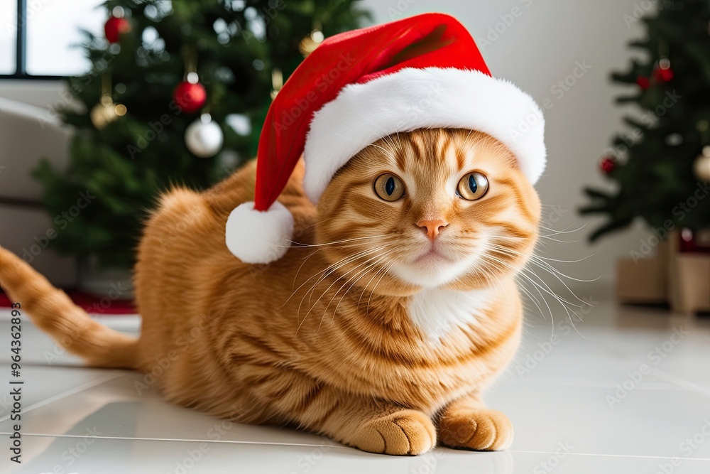 Playful Ginger Cat in Santa Hat with Tidy Background and Curious Expression Playful Ginger Cat in Santa Hat with Tidy Background and Curious Expression