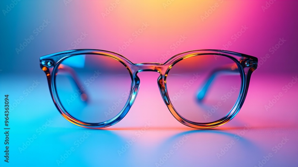 Transparent plastic round eyeglasses isolated on pink and blue background Transparent plastic round eyeglasses isolated on pink and blue background