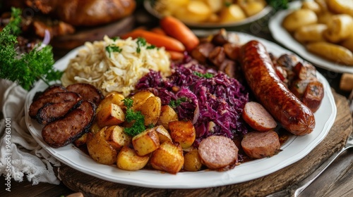 Cabbage sausages plate potatoes vegetables. Generative AI