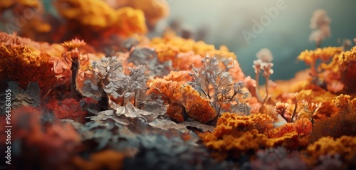 a vibrant underwater scene with a variety of colorful coral formations, including orange, yellow, and white coral, as well as small fish swimming amidst the coral.