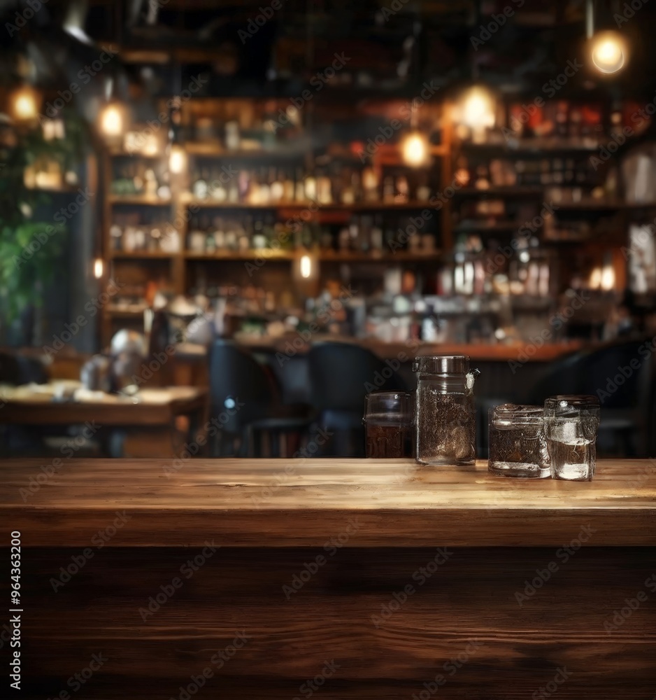 A wooden bar counter with empty glass jars in the foreground, and a blurred bar scene with various bottles and glasses in the background. A wooden bar counter with empty glass jars in the foreground, and a blurred bar scene with various bottles and glasses in the background.