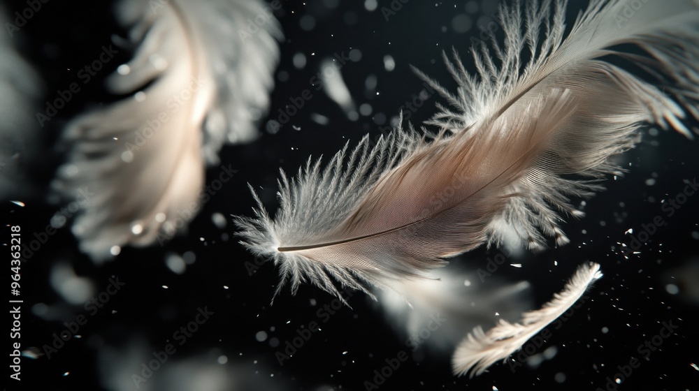 Obraz premium Delicate feathers float against a black background,