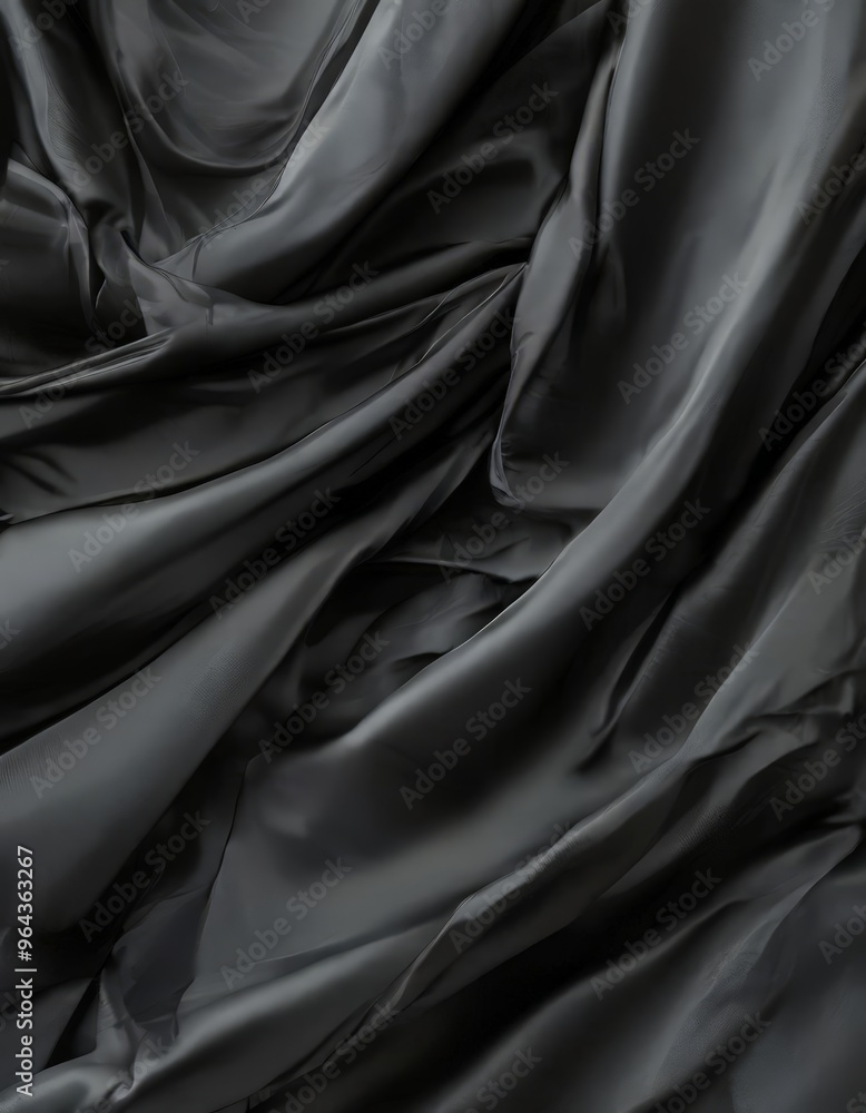 Fototapeta premium a close-up view of a black fabric, possibly silk or satin, with a smooth, flowing texture. The fabric appears to be crumpled, creating a sense of movement and depth.