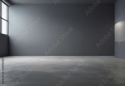 A minimalist room with a large window, gray walls, and a concrete floor.