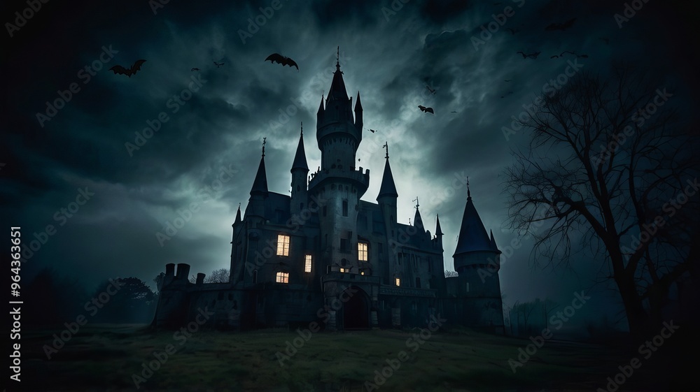 Halloween castle scenery with full moon in majestic night sky and highly detailed natural environment landscape. Halloween background. Horror scene for Halloween Halloween castle scenery with full moon in majestic night sky and highly detailed natural environment landscape. Halloween background. Horror scene for Halloween
