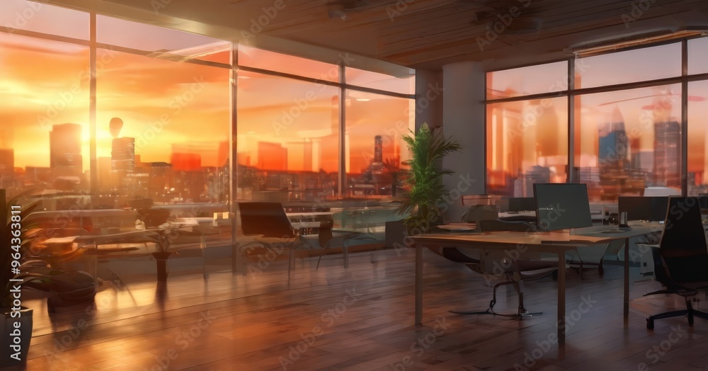 a modern office space with large windows offering a panoramic view of a city skyline at sunset. The room features a wooden floor, a desk with a computer, and several chairs, a modern office space with large windows offering a panoramic view of a city skyline at sunset. The room features a wooden floor, a desk with a computer, and several chairs,