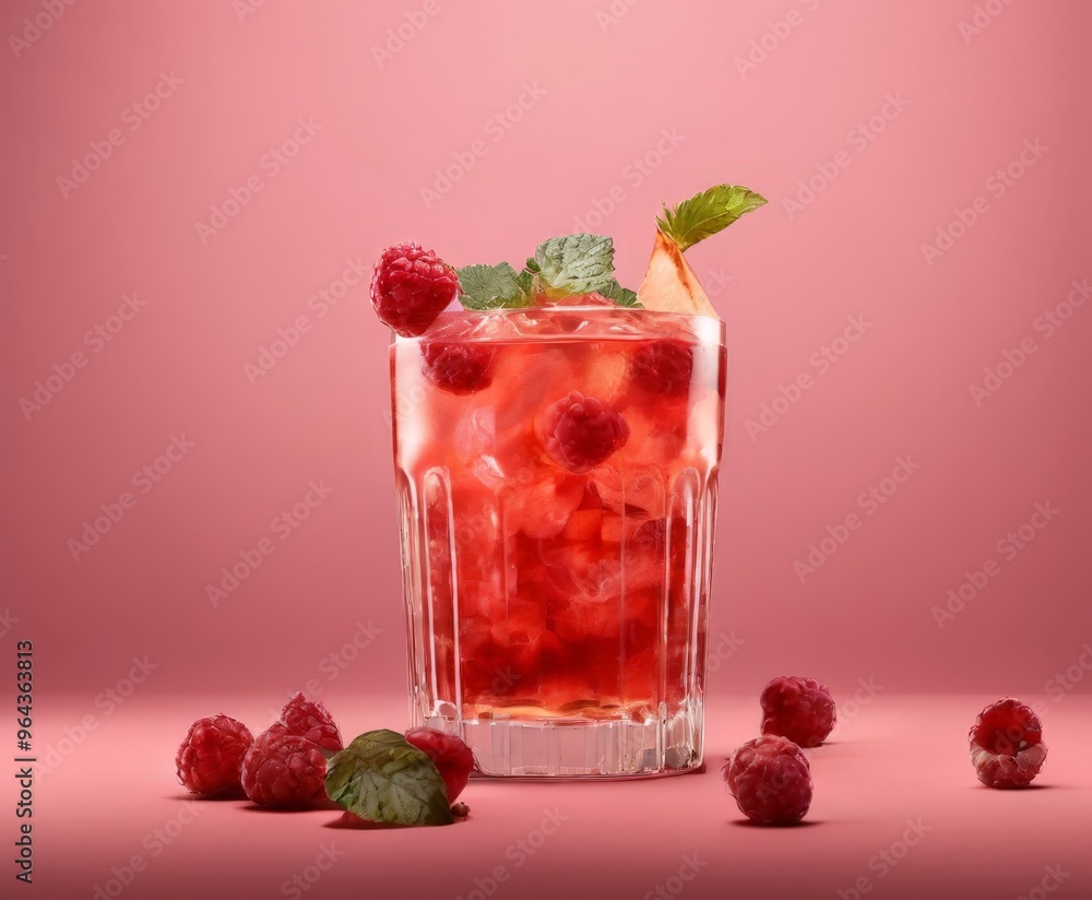 A glass filled with a red-colored beverage, garnished with raspberries, mint leaves, and a slice of orange, sits on a pink background. A glass filled with a red-colored beverage, garnished with raspberries, mint leaves, and a slice of orange, sits on a pink background.