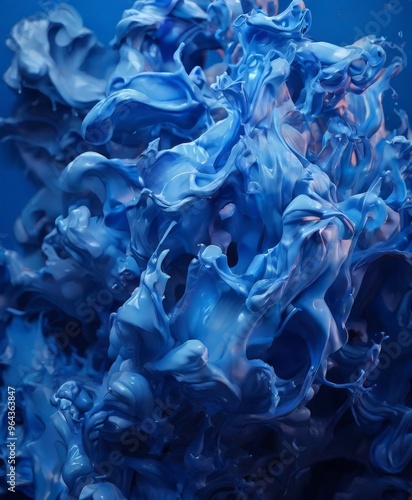 a digital art piece featuring a swirling, abstract pattern of blue and white hues, resembling a fluid or mist.