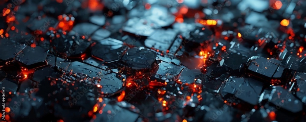 a close-up view of a dark, cracked surface with numerous small, hexagonal pieces of black and red material scattered across it. The edges of the pieces are glowing with a warm, a close-up view of a dark, cracked surface with numerous small, hexagonal pieces of black and red material scattered across it. The edges of the pieces are glowing with a warm,