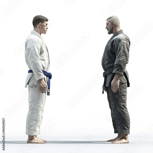 on a white background, comics style, a young brazilian jiu jitsu fighter with a blue belt facing a powerful black belt man