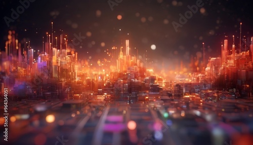 a futuristic cityscape with towering structures illuminated by a myriad of lights, creating a vibrant and dynamic scene.