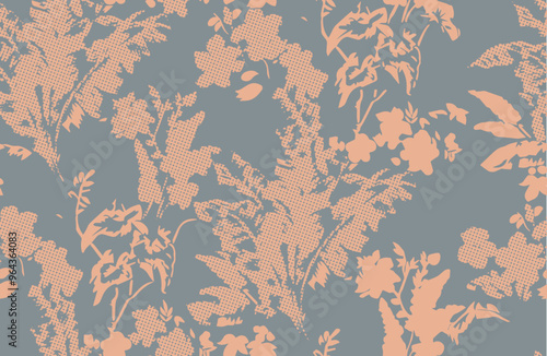 flower print dyed linen texture background. Seamless woven repeat batik pattern swatch. Floral organic distressed block print all over
