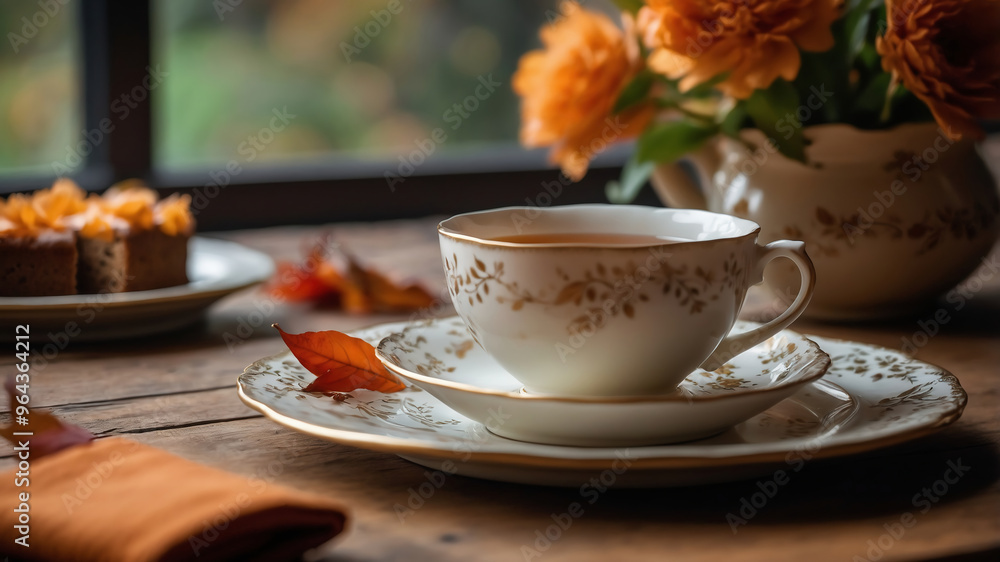 Elegant Teacup and Saucer on Wooden Table with Autumn Leaves and Cake in Cozy Setting Elegant Teacup and Saucer on Wooden Table with Autumn Leaves and Cake in Cozy Setting