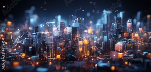 Wallpaper Mural a futuristic cityscape with a dense network of glowing, interconnected buildings and structures, illuminated by a myriad of lights and glowing wires, creating a and visually striking scene. Torontodigital.ca
