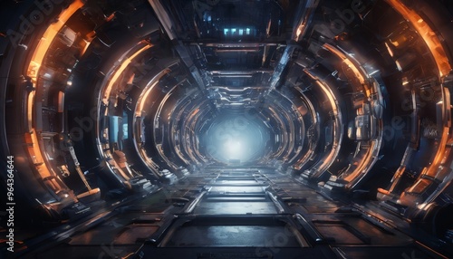 a futuristic, high-tech corridor with a bright light at the end, surrounded by a complex network of pipes and wires.