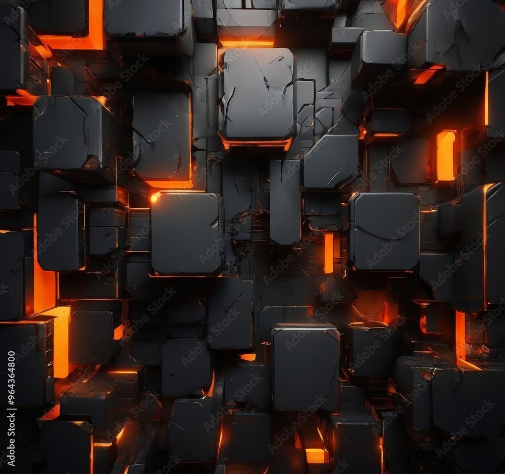 Obraz premium complex arrangement of black cubes, each with a unique shape and size, creating a visually striking and intricate pattern. The cubes are illuminated from within, casting a warm